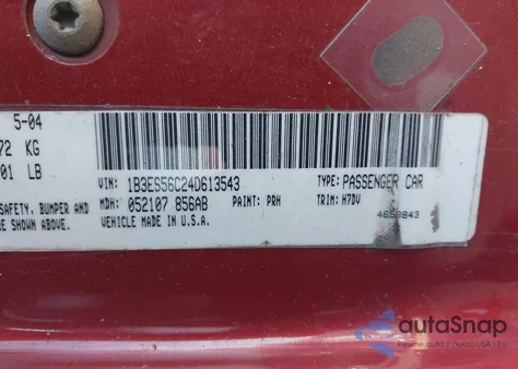 2004 Dodge Neon Sxt z USA, uszkodzony, nr VIN 1B3ES56C24D613543